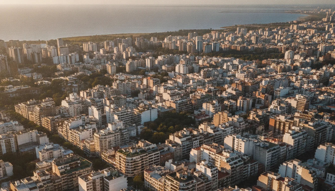 Vista aérea de Montevideo al atardecer, con los barrios de Pocitos y Cordón hacia el Río de la Plata — niddo